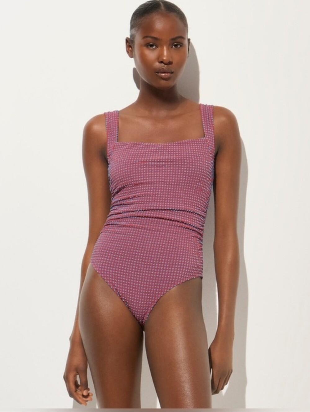 J Crew Long-torso Nia ruched squareneck one-piece in gingham CS527 Size 4 Red